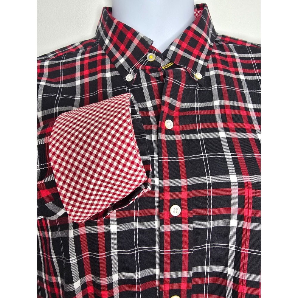 J. McLaughlin Button Shirt Modern Womens Large Red Black Plaid Gingham Cuffs